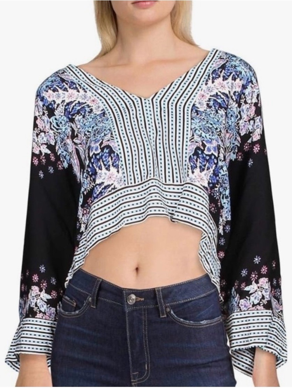 Free People Mix And Match Top Floral Stripe Cropped V-Neck Top - Black/Pastel